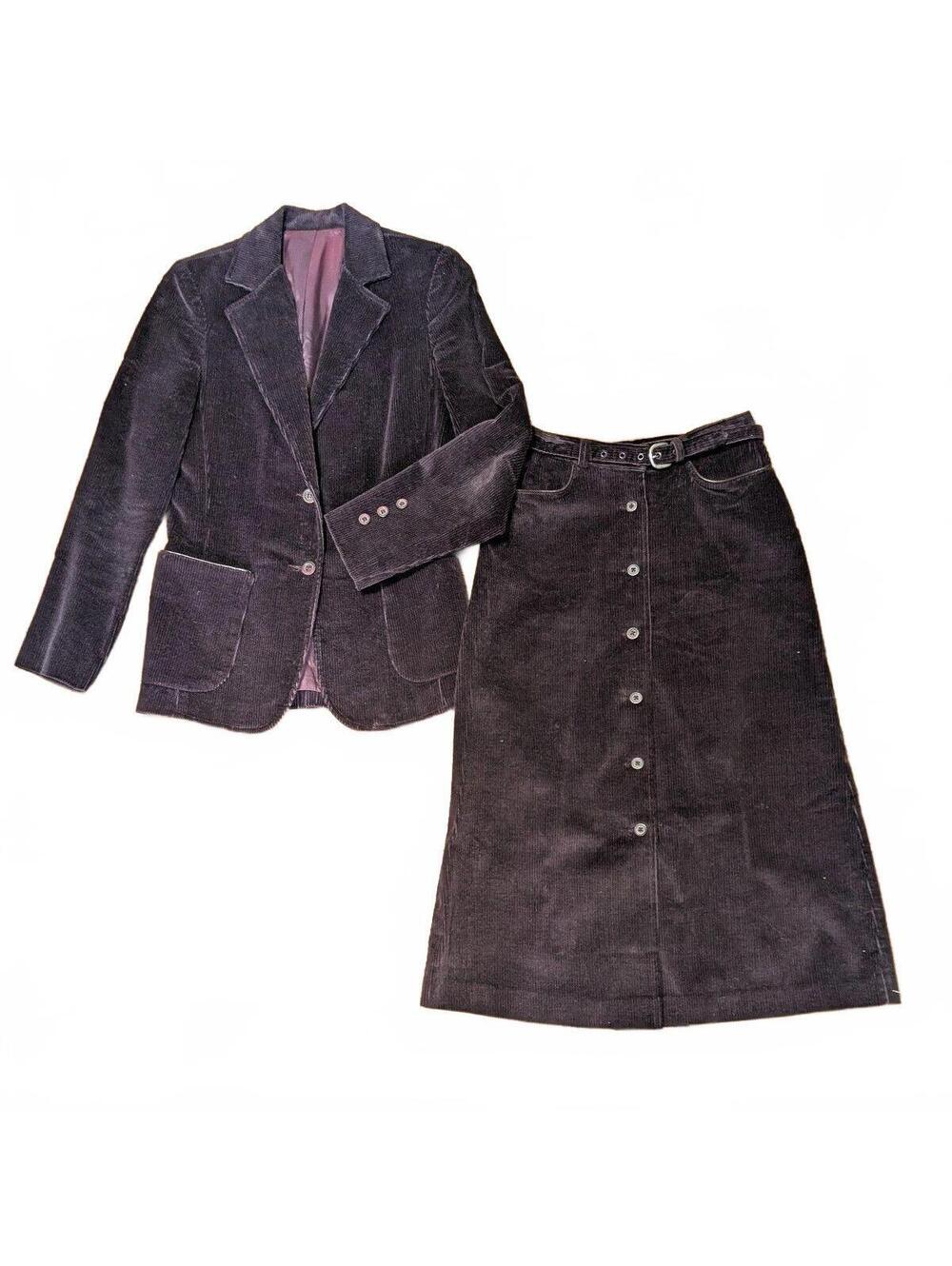 70s Plum Corduroy Two Piece Skirt Suit Blazer Academia Equestrian XS/S